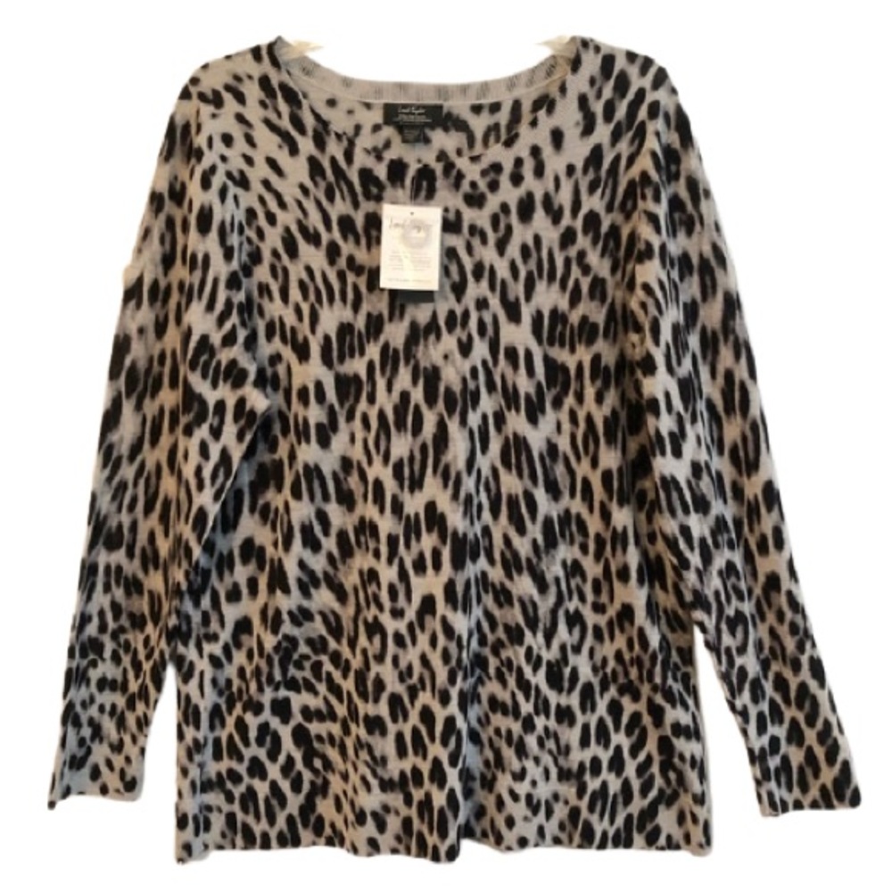 NEW Lord & Taylor Leopard Merino Wool Crewneck Sweater 1X